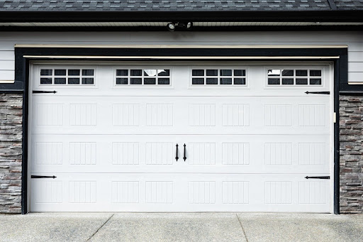 A closed steel garage door